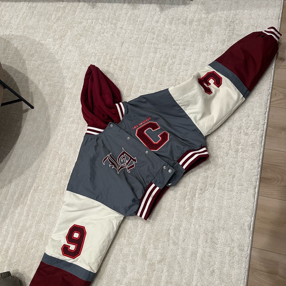 PrettyLittleThing Maroon Gray Cream Teddy Patch Cropped Varsity Jacket